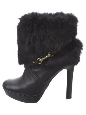 Coach Athena Black Rabbit Fur & Leather Heeled Platform Bootie Size: 6.5B
